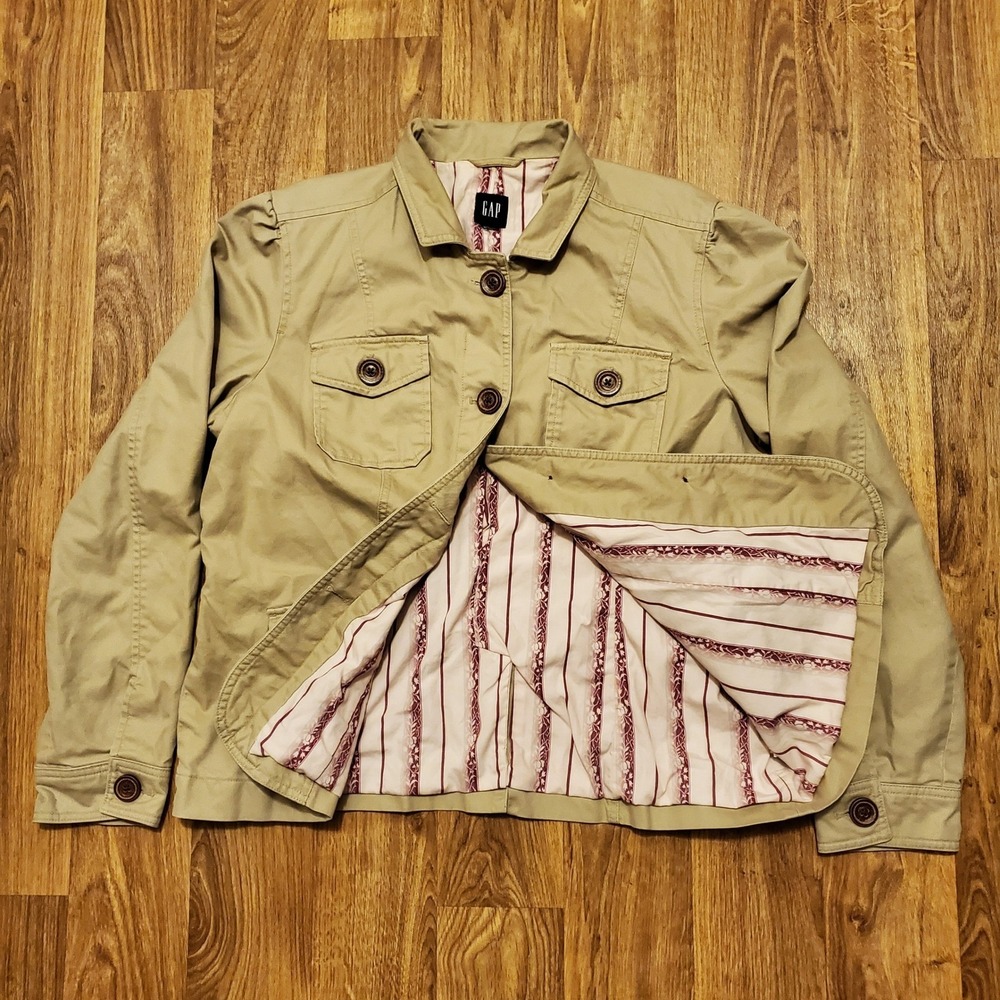 Vintage GAP Utility Field Jacket Women XL Tan Cotton Floral Lined Button Up Y2K - Picture 3 of 10